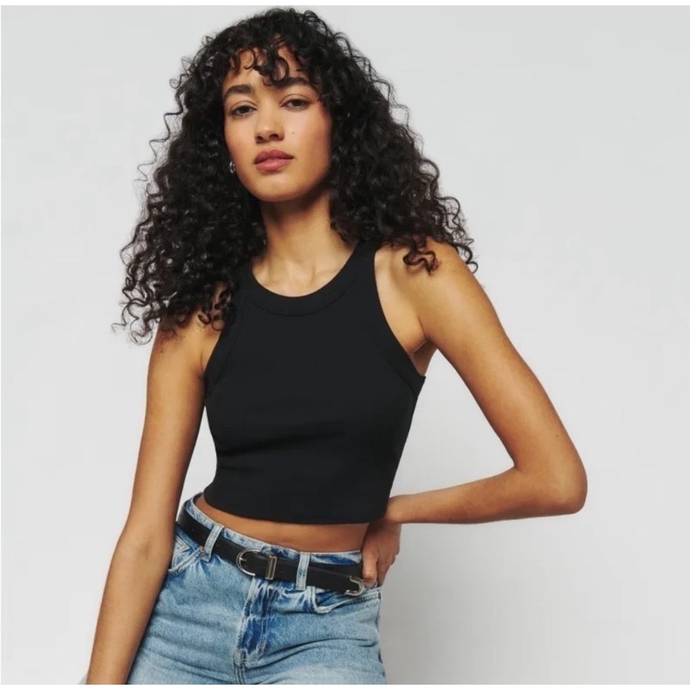 Reformation‎ Black Ribbed Organic Cotton Cropped Tank Top Small Scoop Neck USA